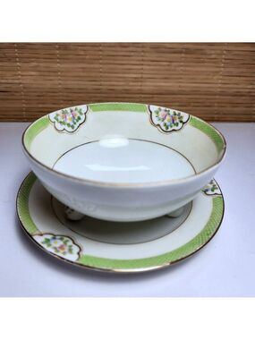Antique Nippon Hand Painted Footed Bowl Saucer Moriage Green Gold 1910s
